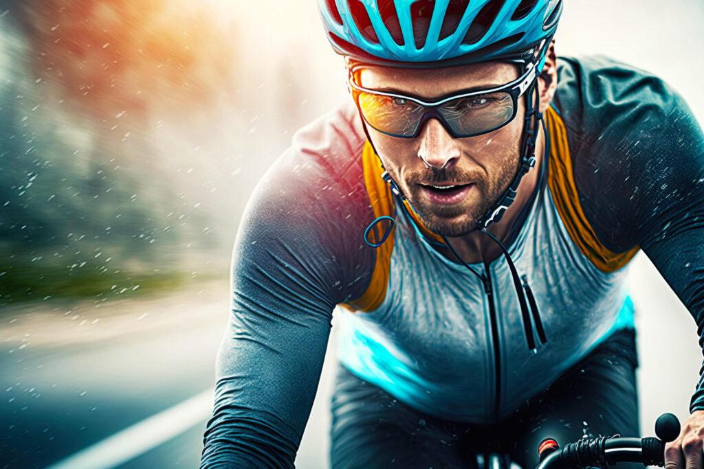 Cytrulina: skuteczna nie tylko w treningu siłowym 4 sportowiec w kasku ochronnym i okularach rowerowych na plaskiej drodze generatywnej ai