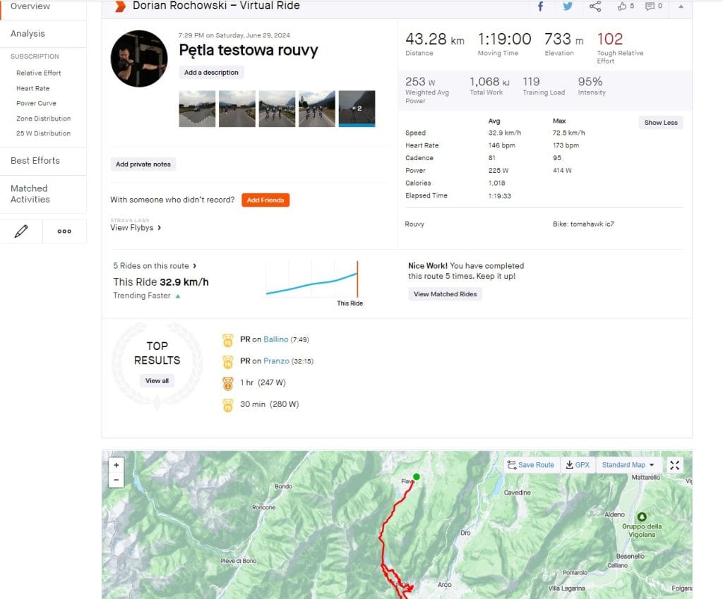 przykład jazdy na trenażerze z rouvy