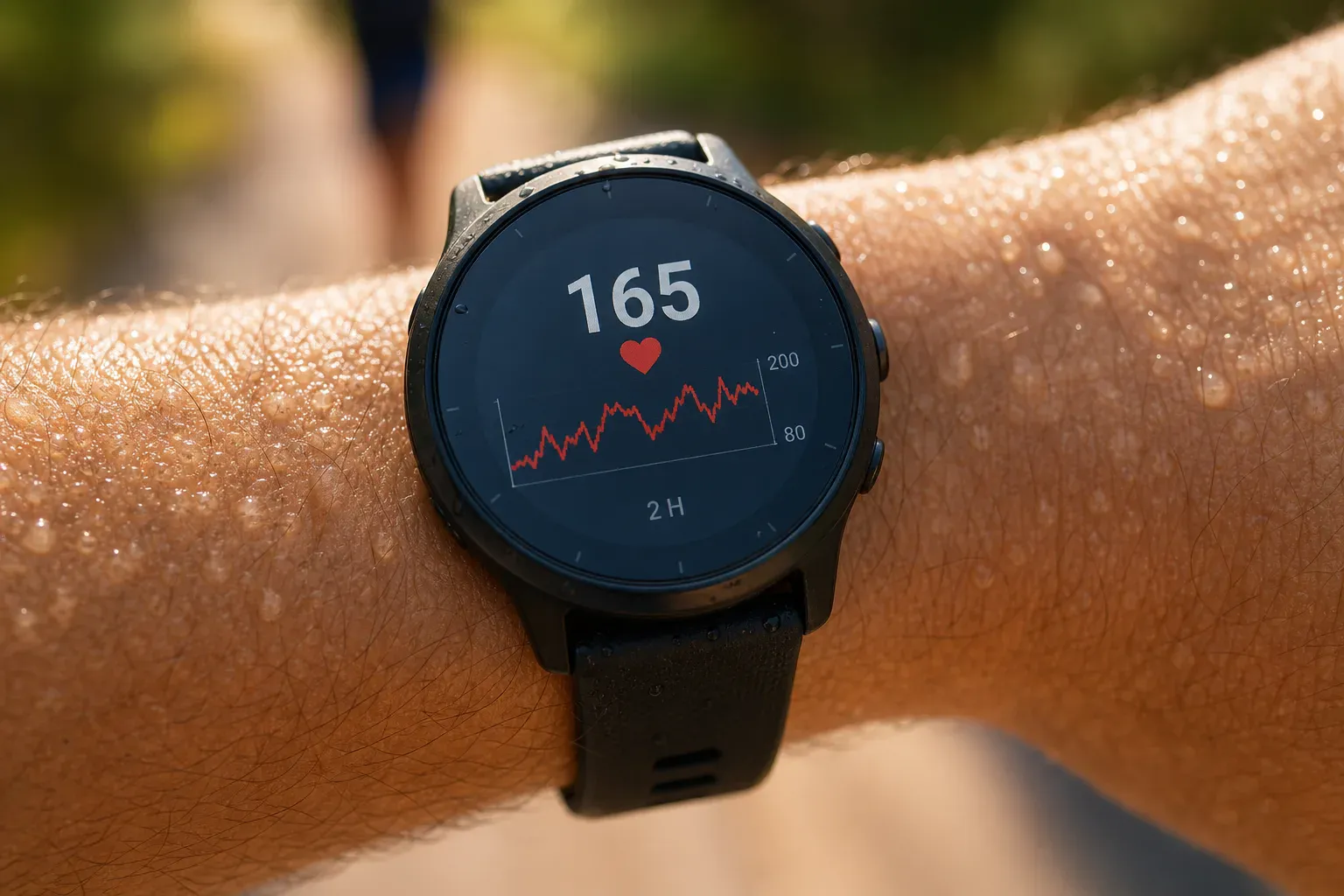 Zegarek sportowy pokazujący 165 bpm i dryf tętna podczas biegu w upale