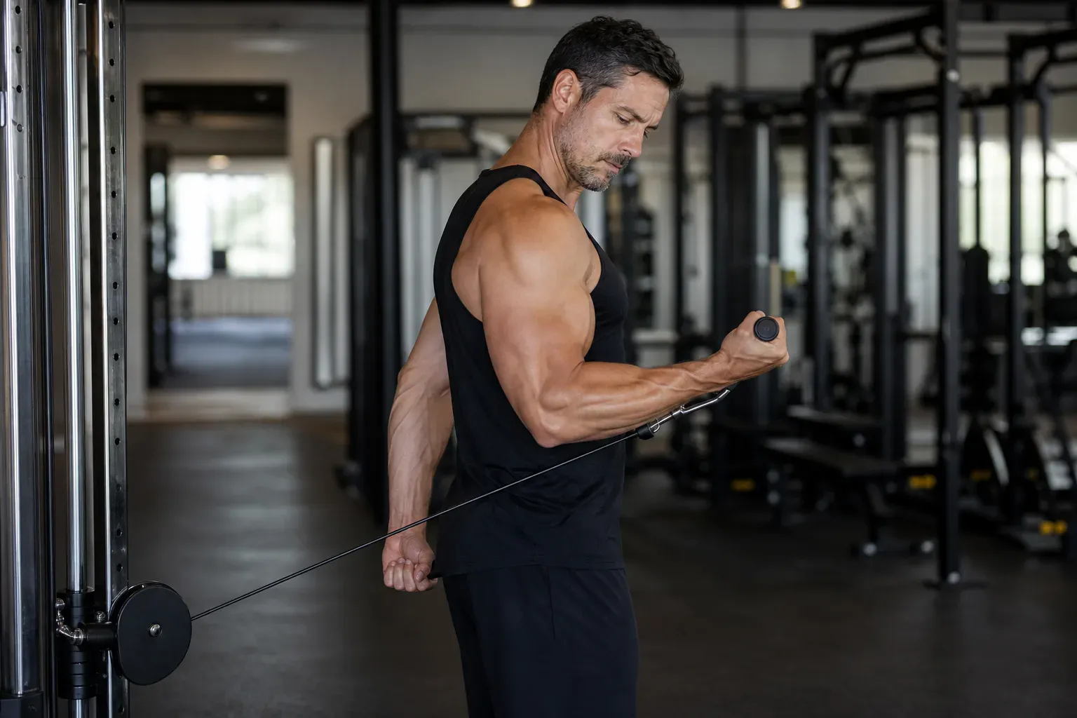 Mężczyzna wykonujący Bayesian curl na wyciągu dolnym, ramię cofnięte za tułów, biceps w pozycji wydłużonej