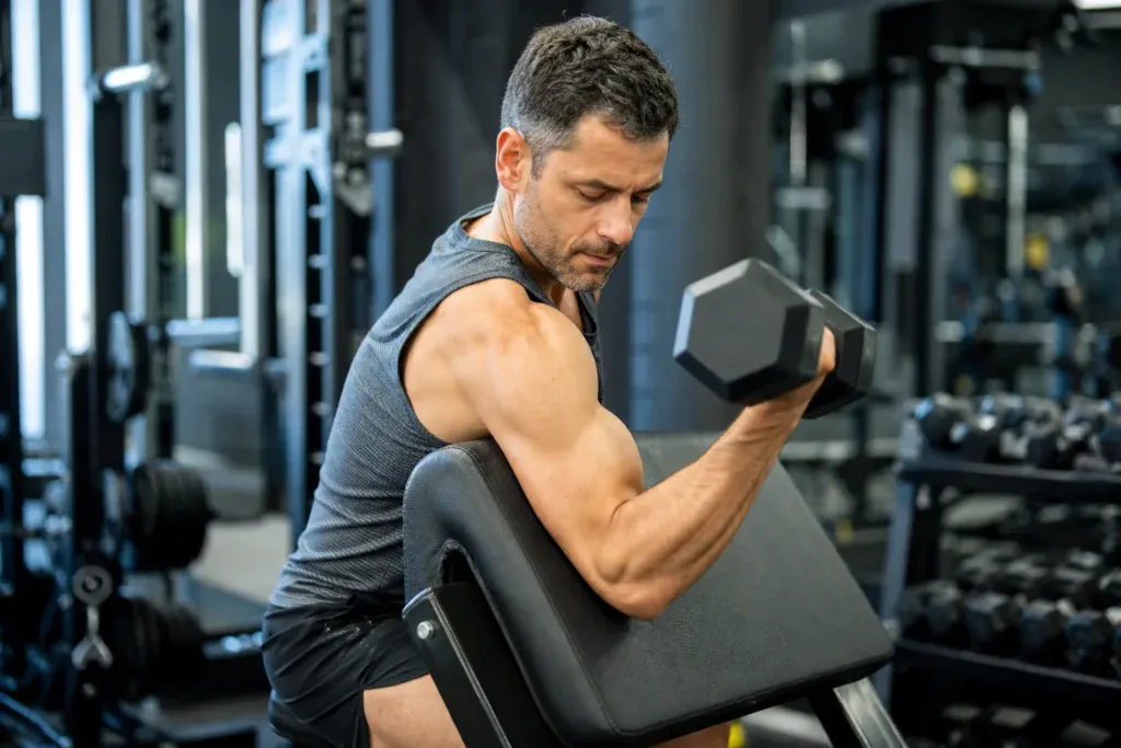 Mężczyzna wykonujący preacher curl na ławce Scotta, biceps w pozycji skróconej