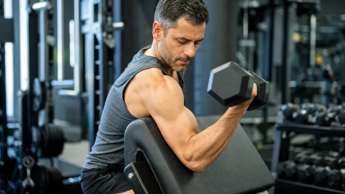 Mężczyzna wykonujący preacher curl na ławce Scotta, biceps w pozycji skróconej