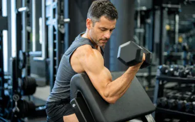 Mężczyzna wykonujący preacher curl na ławce Scotta, biceps w pozycji skróconej