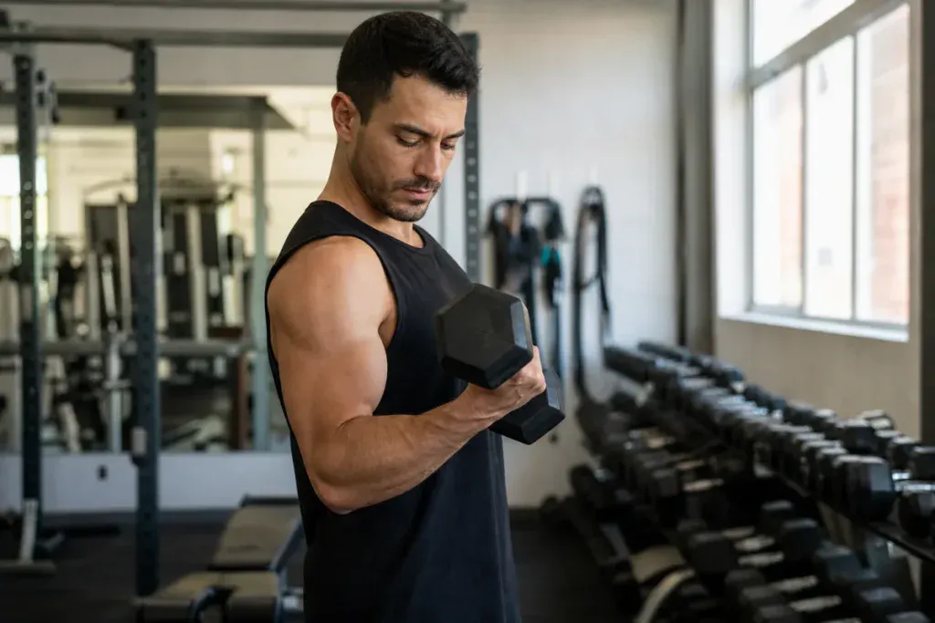 Trening bicepsa w szczegółach 1 Trening bicepsa - uginanie hantla z supinacją, łokieć przy tułowiu