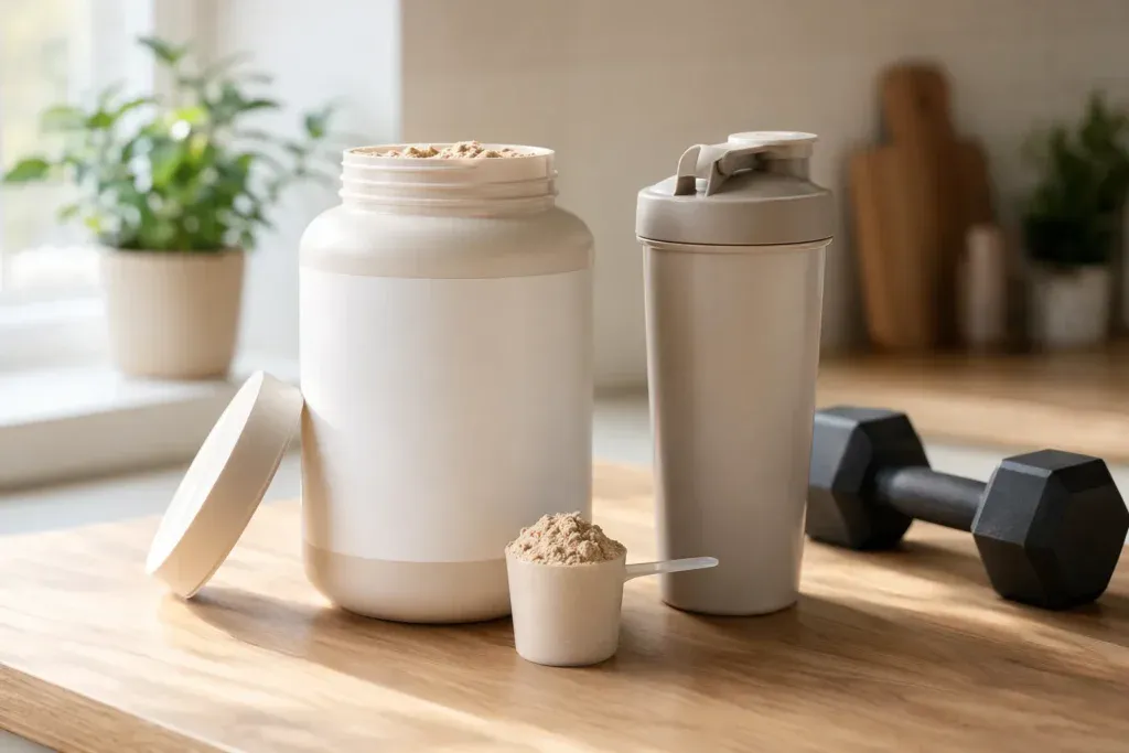 Odżywki białkowe – kubełek whey, miarka z białkiem, shaker i hantla na blacie