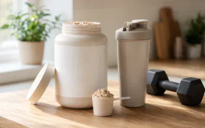Odżywki białkowe – kubełek whey, miarka z białkiem, shaker i hantla na blacie