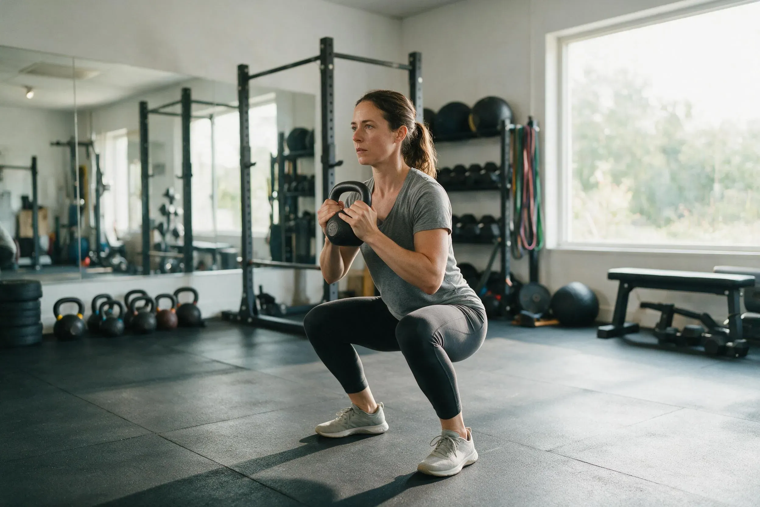 Trening po porodzie: kobieta wykonuje goblet squat z kettlebell