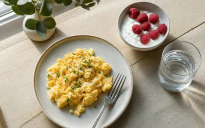 fit śniadanie białkowe - jajecznica, skyr z malinami i woda