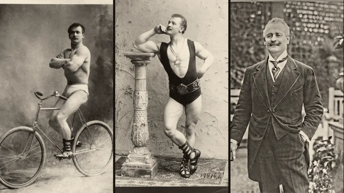 Eugen Sandow: ojciec nowoczesnej kulturystyki i jego system 1 Eugen Sandow na trzech fotografiach z lat 1894-1925: na rowerze, w trykocie przy kolumnie i w garniturze
