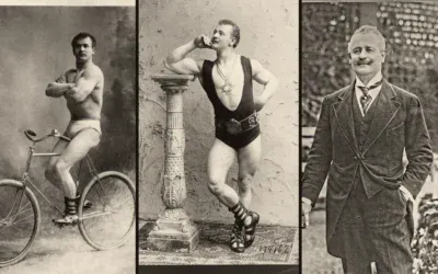 Eugen Sandow na trzech fotografiach z lat 1894-1925: na rowerze, w trykocie przy kolumnie i w garniturze