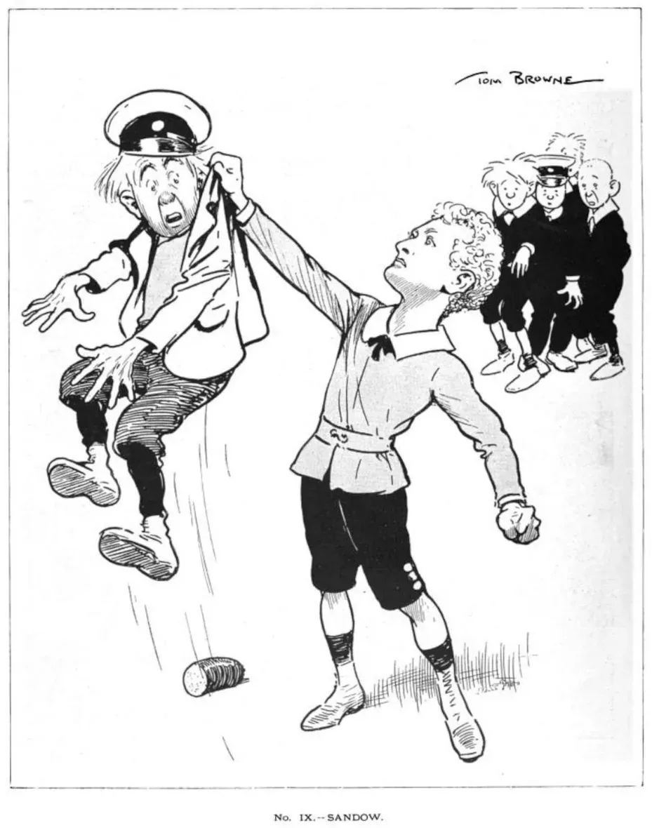 Humorystyczny rysunek Toma Browne zatytułowany Sandow z czasopisma The Sketch z 1902 roku